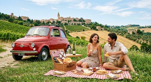 Vintage Picnic in the Verdicchio Hills: A Classic Fiat 500 Experience in Le Marche
